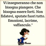 Vi insegneranno che non bisogna piangere. Che bisogna essere forti. Non fidatevi, sputate fuori tutto. Emozioni, lacrime, vaffanculo.