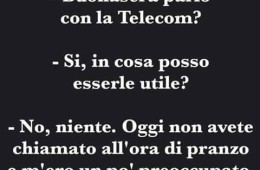 “Buonasera parlo con la Telecom?” – “Si, in cosa posso esserle utile?” – “No niente. Oggi non avete chiamato all’ora di pranzo e m’ero un po’ preoccupato.”