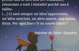 “È una follia odiare tutte le rose solo perché una spina ti ha punto, abbandonare tutti i sogni perché uno di loro non si è realizzato, rinunciare a tutti i tentativi perché uno è fallito. (…) Ci sarà sempre un’altrà opportunità, un’altra amicizia, un altro amore, una nuova forza. Per ogni fine c’è un nuovo inizio.” (Antoine de Saint-Exupéry)
