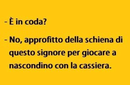 “È in coda?” “No approfitto della schiena di questo signore per giocare a nascondino con la cassiera.”