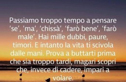“Passiamo troppo tempo a pensare Se, Ma, Chissà, Farò bene, farò male. Hai mille dubbi, paure, timori. E intanto la vita ti scivola dalle mani. Prova a buttarti prima che sia troppo tardi, magari scopri che, invece di cadere, impari a volare.”