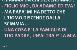 “Mamma da chi discendiamo?” – “Figlio mio, da Adamo ed Eva!” – “Ma papà mi ha detto che l’uomo discende dalla scimmia…” – “Una cosa è la famiglia di tuo padre, un’altra è la mia.”