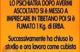 “Situazione psicologica: Lo psichiatra dopo avermi ascoltato si è messo a imprecare in tibetano poi si fumato 1 kg. di erba. Successivamente ha chiuso lo studio e ora lavora come cubista in un locale per scambisti.”