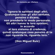 “Ignora le opinioni degli altri. Qualunque cosa gli altri sentano, pensino o dicano, non prenderla in modo personale. Gli altri hanno le loro opinioni, in accordo al loro sistema di credenze, quindi qualunque cosa pensino di te non riguarda te, riguarda loro.” (Don Miguel Ruiz)