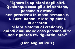 “Ignora le opinioni degli altri. Qualunque cosa gli altri sentano, pensino o dicano, non prenderla in modo personale. Gli altri hanno le loro opinioni, in accordo al loro sistema di credenze, quindi qualunque cosa pensino di te non riguarda te, riguarda loro.” (Don Miguel Ruiz)