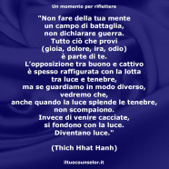 “Non fare della tua mente un campo di battaglia, non dichiarare guerra. Tutto ciò che provi (gioia, dolore, ira, odio) è parte di te. L’opposizione tra buono e cattivo è spesso raffigurata con la lotta tra luce e tenebre, ma se guardiamo in modo diverso, vedremo che, anche quando la luce splende le tenebre, non scompaiono. Invece di venire cacciate, si fondono con la luce. Diventano luce.” (Thich Hhat Hanh)