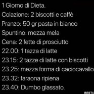 1° Giorno di dieta. Colazione: 2 biscotti e caffè Pranzo: 50 gr di pasta in bianco Spuntino: mezza mela Cena: 2 fette di prosciutto 22.00: 1 tazza di latte 23.15: 2 tazze di latte con biscotti 23.25: mezza forma di caciocavallo 23.32: faraona ripiena 23.40: Dumbo glassato