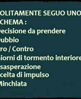 “Solitamente seguo uno schema: Decisione da prendere, Dubbio, Pro/Contro, Giorni di tormento interiore, Esasperazione, Scelta di impulso, Minchiata”