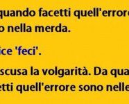 “Da quando facetti quell’errore sono nella merda.” “Si dice feci.” “Ok, scusa la volgarità. Da quando facetti quell’errore sono nella feci.”