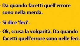 “Da quando facetti quell’errore sono nella merda.” “Si dice feci.” “Ok, scusa la volgarità. Da quando facetti quell’errore sono nella feci.”