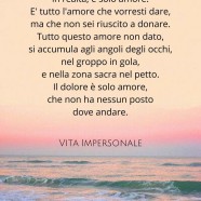 “Ho imparato che il dolore, in realtà, è solo amore. È tutto l’amore che vorresti dare, ma che non sei riuscito a donare. Tutto questo amore non dato, si accumula agli angoli degli occhi, nel groppo in gola, e nella zona sacra nel petto. Il dolore è solo amore che non ha nessun posto dove andare.” (Vita Impersonale)