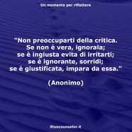 “Non preoccuparti della critica. Se non è vera, ignorala; se è ingiusta evita di irritarti; se è ignorante, sorridi; se è giustificata, impara da essa.” (Anonimo)